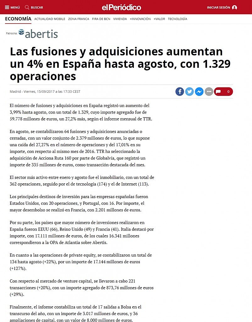 Las fusiones y adquisiciones aumentan un 4% en Espaa hasta agosto, con 1.329 operaciones